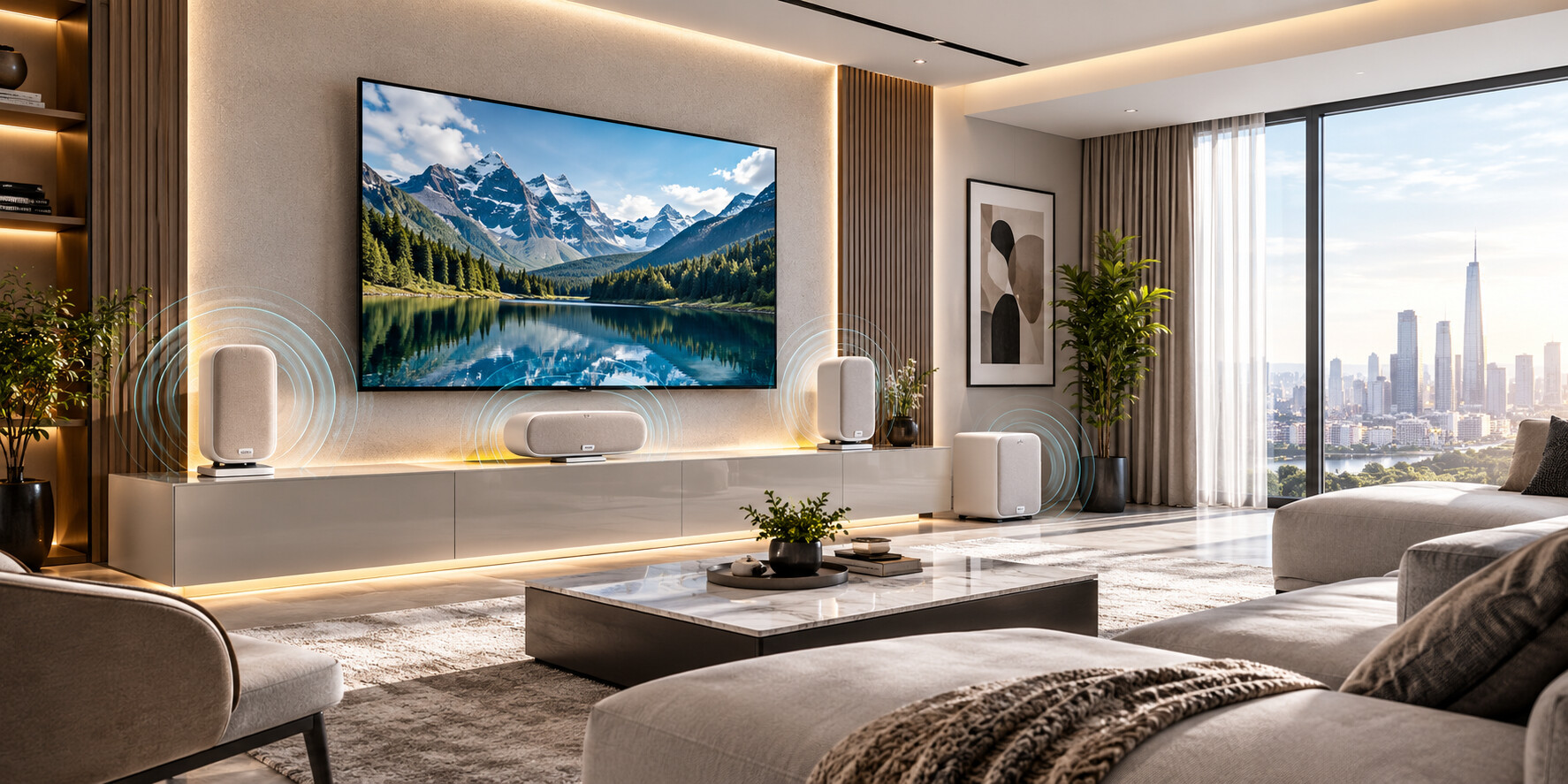 Minimalist wall-mounted TV and speaker console