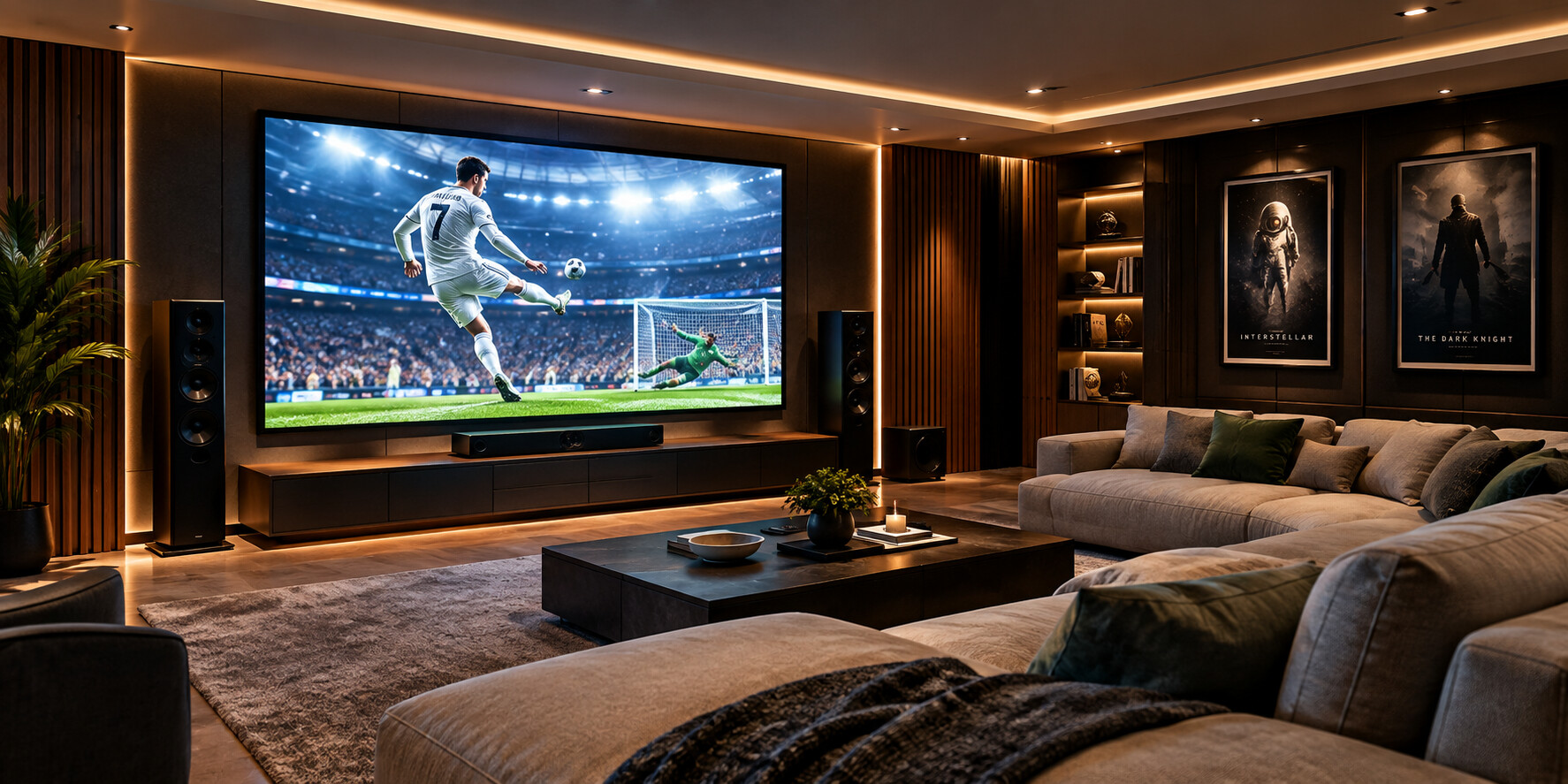 Home theatre room with football game on screen
