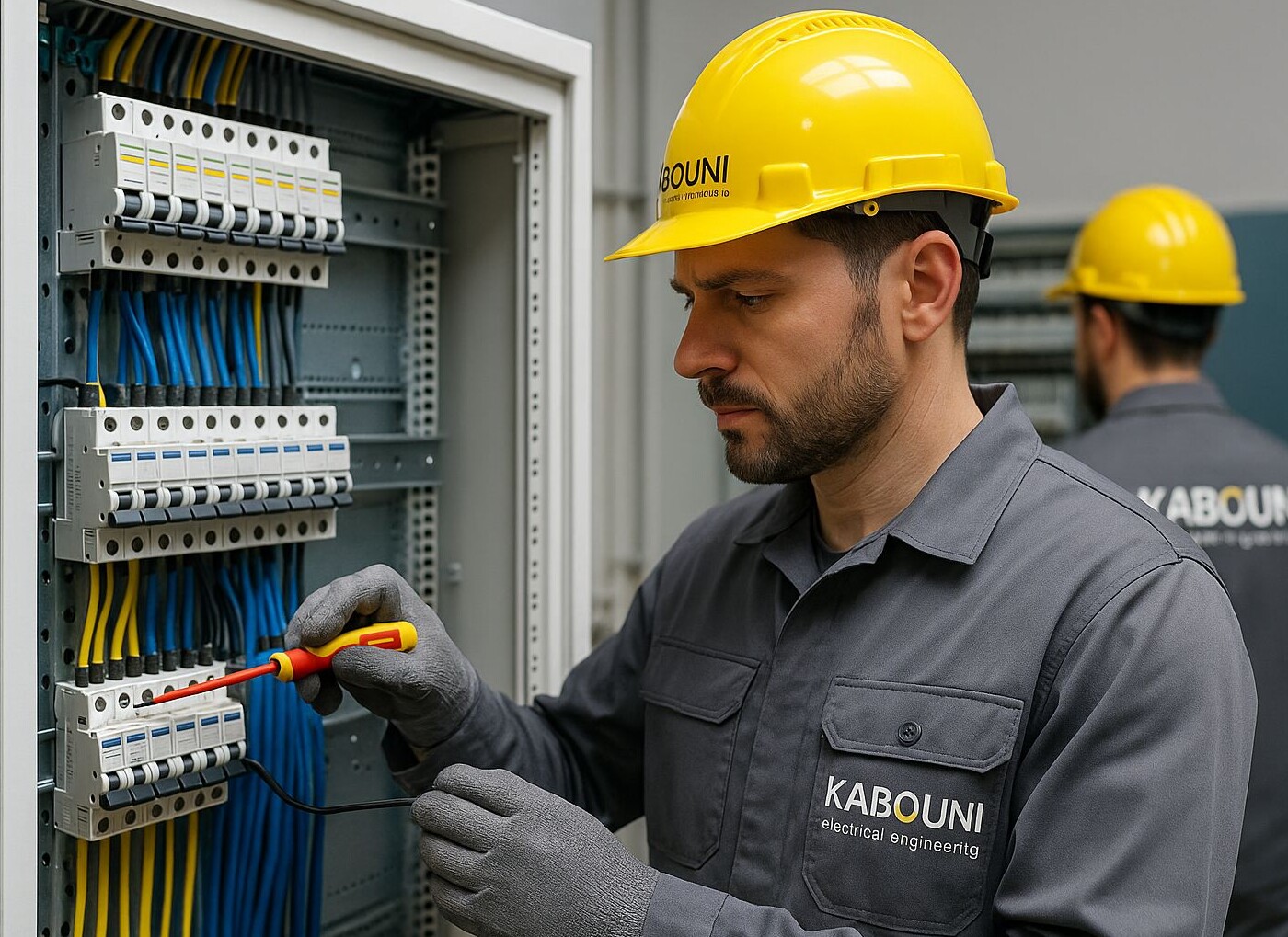Kabouni electrician testing and commissioning a distribution panel