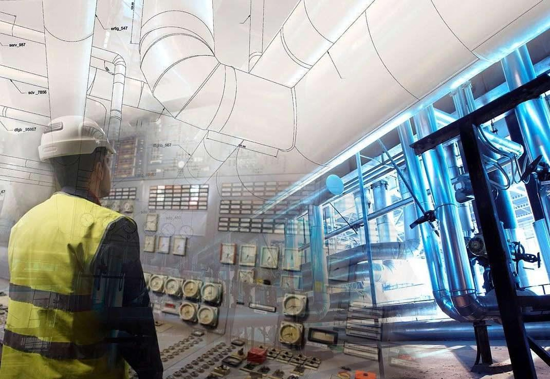 Industrial plant control room and piping