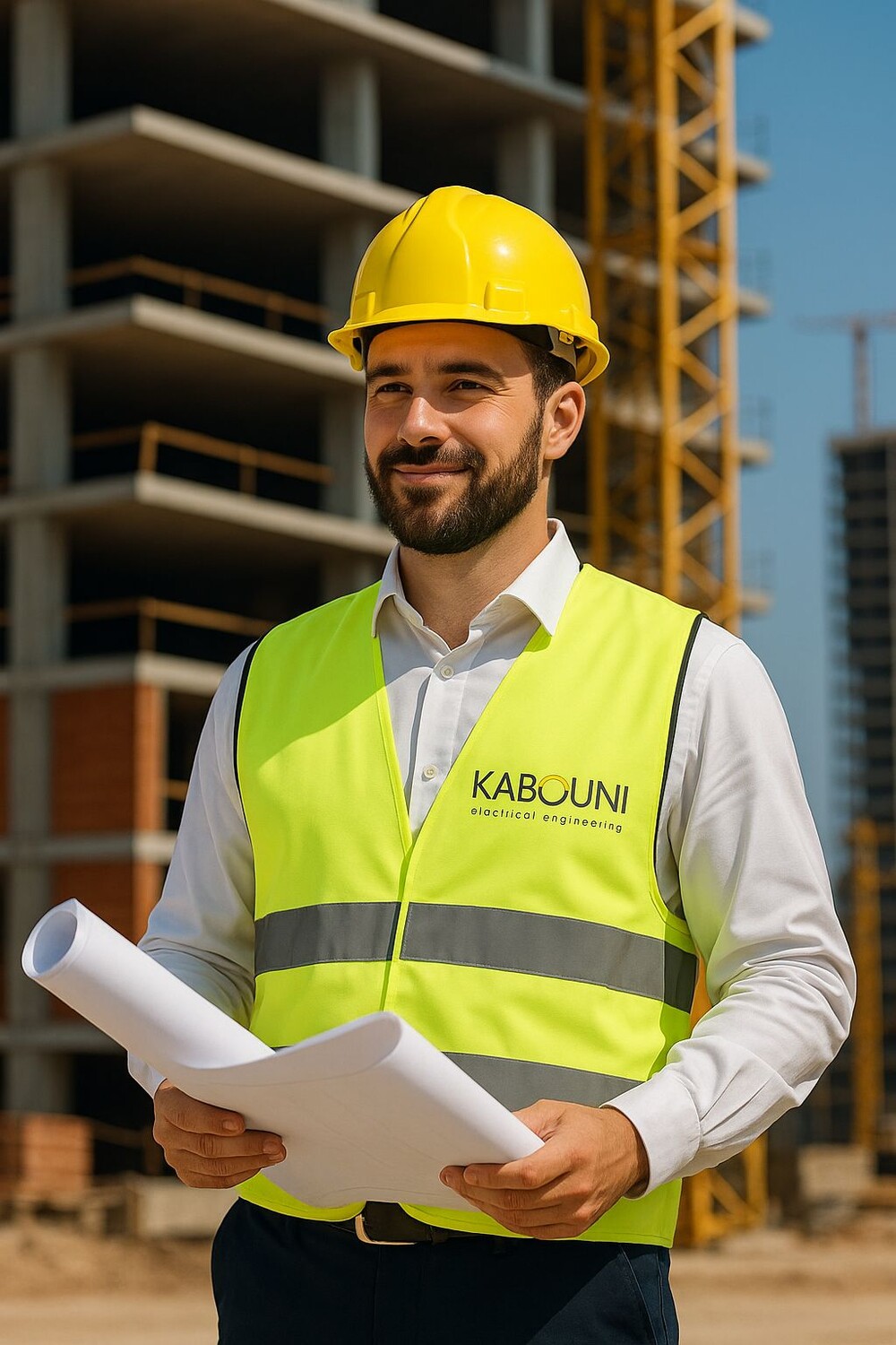 Kabouni site engineer on a construction site with drawings